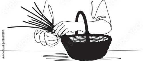 A wicker weaver weaves a basket. Step by step work on creating a basket from twigs. one line art icon drawing vector