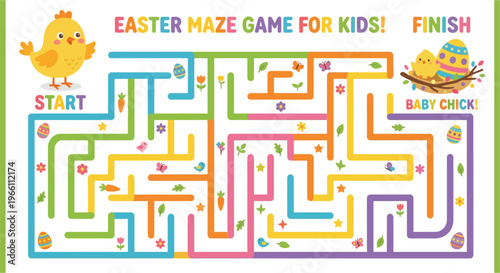 Colorful easter maze game for children with a chick and finish line