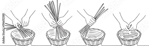 A wicker weaver weaves a basket. Step by step work on creating a basket from twigs. one line art icon drawing vector
