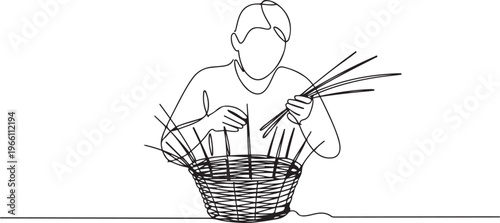A wicker weaver weaves a basket. Step by step work on creating a basket from twigs. one line art icon drawing vector