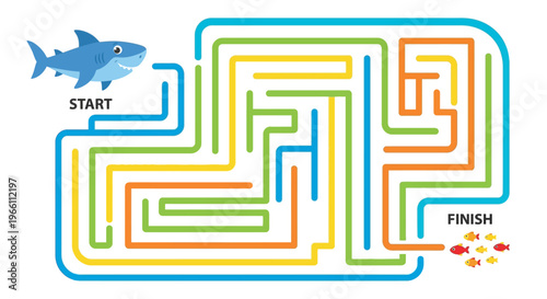 Help the shark navigate a colorful maze to reach the fish
