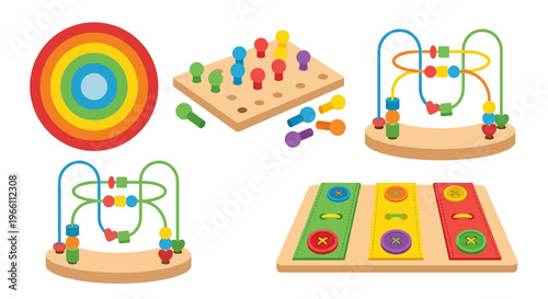 Colorful wooden toys including bead mazes stacking rings and shape sorters