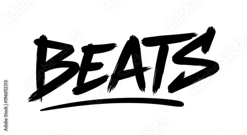 BEATS text logo, black brush stroke lettering, handwritten style, dynamic typography
