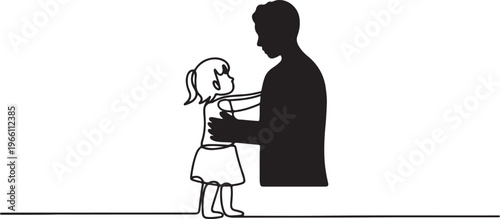 A little girl resists the aggression of an adult. Protecting children from violence. one line art icon drawing vector