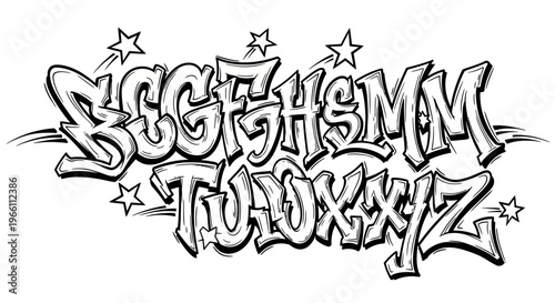 Graffiti Alphabet Letters B-Z, Urban Art Style, Black and White Hand-Drawn Illustration