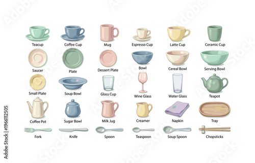 Collection of various tableware items and kitchenware illustrations