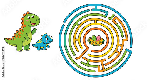 Cute dinosaurs and a colorful circular maze puzzle for children