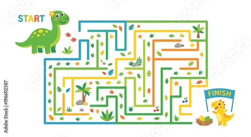 A colorful maze featuring a cute green dinosaur and a yellow baby dinosaur