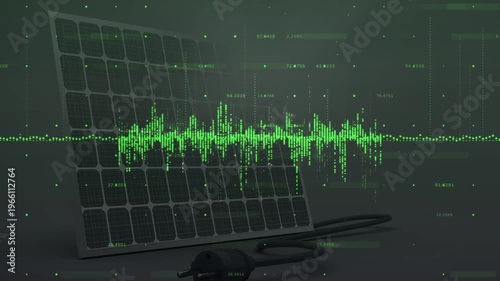 Data feed starting, green waveform growing into spikes toward panel and cable, showing numeric tags