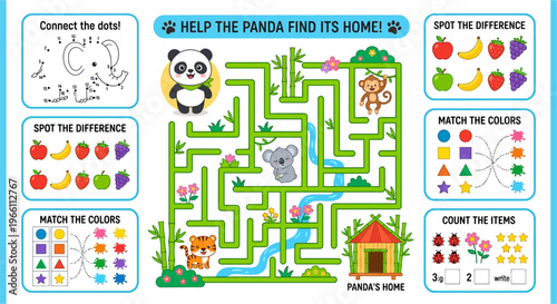 Children s activity page featuring a panda maze and spot the difference games
