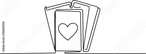 Playing cards. Rectangular sheets of cardboard or thin plastic used for card games, as well as magic tricks and fortune telling. one line art icon drawing vector