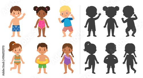 Colorful and silhouetted children wearing swimwear depicting various poses