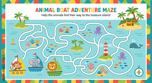Animal boat adventure maze help the animals reach treasure island