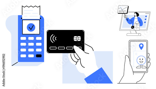 Contactless payment. Contactless card, mobile wallet, and digital transaction process for secure payments. Contactless methods for e-commerce, finance, retail, technology, and banking solutions