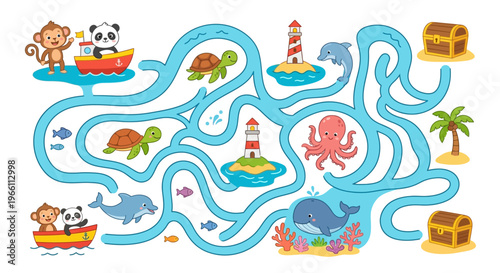 Colorful maze featuring animals boats and landmarks for children to solve