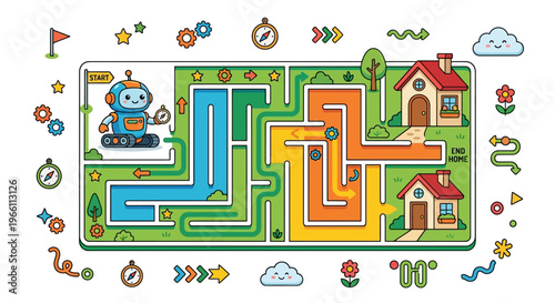 A colorful maze featuring a robot houses and various navigational elements