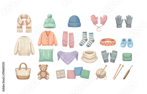 Collection of cozy knitted winter clothing and accessories for all ages