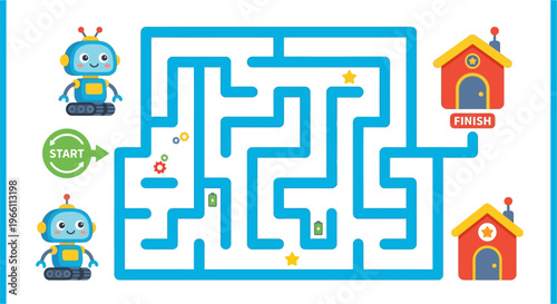 A cute robot navigates a colorful maze to reach the finish line