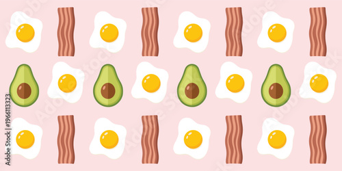 Keto diet food seamless pattern background with flat vector egg bacon avocado keto diet background.  Ketogenic diet food, low carb high healthy fats