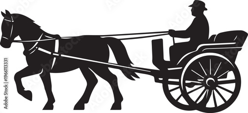 A silhouette illustration of a man driving a horse drawn carriage on a plain white background. Vector, illustration