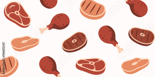 Ketogenic diet food, scattered meat pattern background, flat vector steak and chicken drumsticks, BBQ food illustration