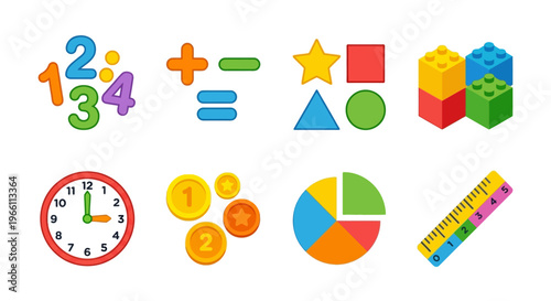 Colorful educational icons depicting numbers shapes time and measurement