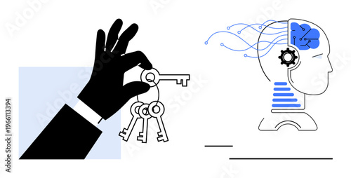 Digital security, data access, AI integration, innovation, human-machine interaction, cybersecurity. A hand holding keys and a head with technological design. Digital security and AI integration