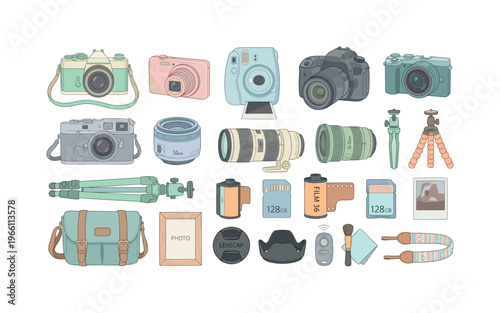 Collection of illustrated vintage and modern photography equipment and accessories