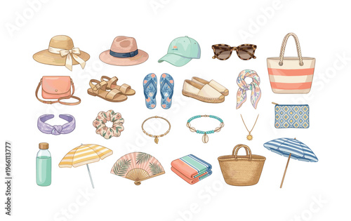 Charming collection of summer accessories for a stylish vacation