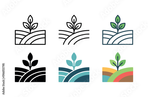 Set of agricultural icons depicting plant growth on cultivated fields