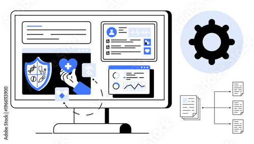 Cybersecurity concept. Cybersecurity protecting personal and health data through a digital interface. Cybersecurity enhancing data protection and efficient data management. For healthcare, IT, data
