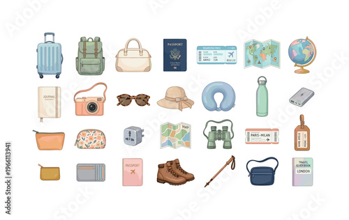 Collection of travel essentials and accessories for a journey
