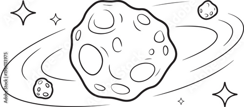 An asteroid with satellites flies in space. Coloring book for children. one line art icon drawing vector
