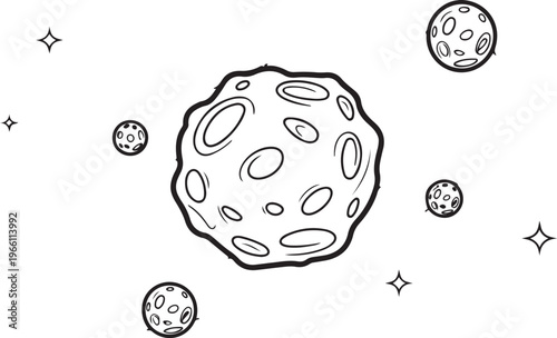 An asteroid with satellites flies in space. Coloring book for children. one line art icon drawing vector
