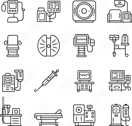 Medical Equipment Line Icon Set, Hospital Devices ICU Monitor Ventilator IV Machine Outline Vector Icons Editable Stroke UI UX