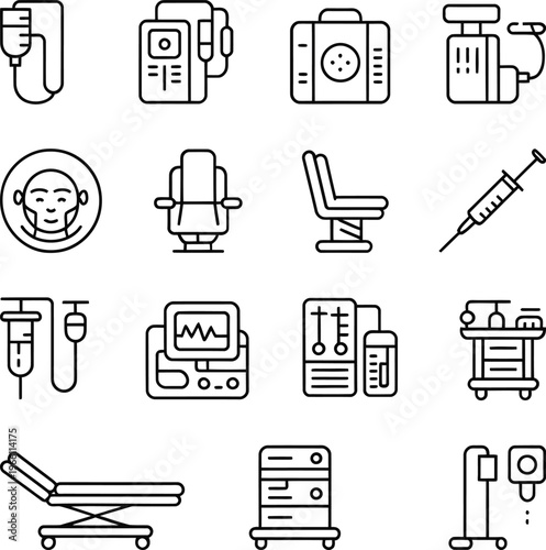 Medical Equipment Line Icon Set, Hospital Devices ICU Monitor Ventilator IV Machine Outline Vector Icons Editable Stroke UI UX