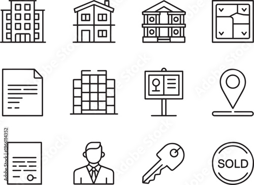 Real Estate Line Icon Set, Property House Building Location Key Sale Outline Vector Icons Editable Stroke UI UX Collection