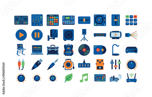 Collection of DJ equipment and music production accessories, digital icons