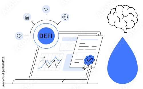 Decentralized finance, blockchain technology, smart contracts, investment strategies, technological innovation, data analytics. Laptop with DEFIs chart, certified document, brain and droplet icon
