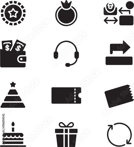 Ecommerce Rewards Solid Icon Set, Loyalty Gift Wallet Customer Support Payment Black Glyph Vector Icons Collection