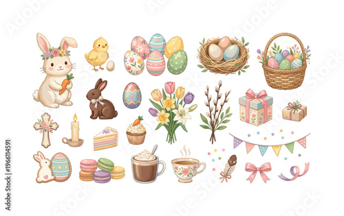 Charming Easter clipart collection with bunnies, eggs, flowers, and festive treats