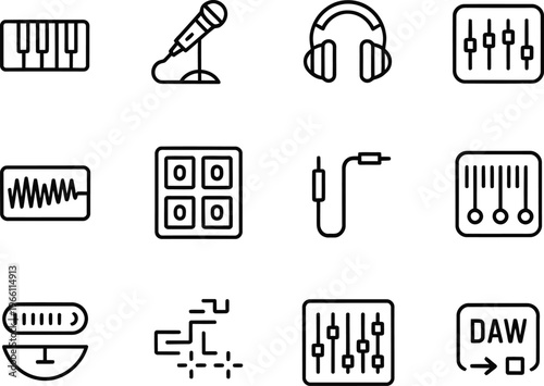 Audio Editing Line Icon Set, Music Production DAW Mixer Waveform Microphone Outline Vector Icons Editable Stroke UI UX Collection