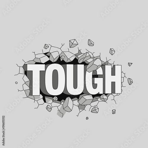 Tough word breaking through cracked wall, strong concept, resilience, power, destruction