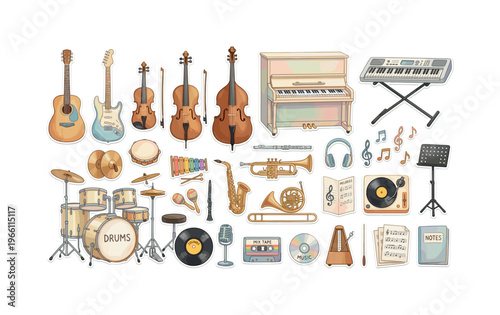 Collection of various musical instruments and accessories in a charming illustration style
