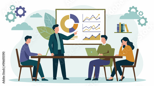 Business team presenting data analysis and collaborating in an office