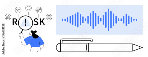 Risk analysis concept. Risk exploration with icons, magnifying glass, and focus on auditory data. Effective for strategies in auditing, risk management, data security, and documentation