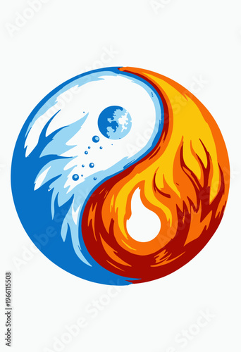 Illustration depicting yin-yang symbol merging contrasting elements of fire and water, representing the balance and harmony between opposing natural forces