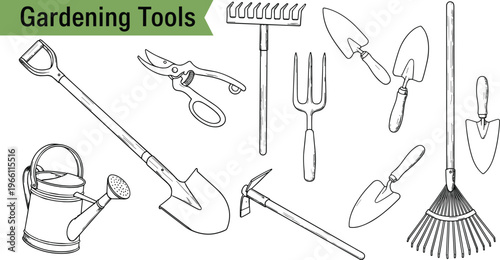 Hand drawn gardening tools vector set featuring shovel, watering can, rake, trowel, and shears in a vintage engraved sketch style for agricultural design.