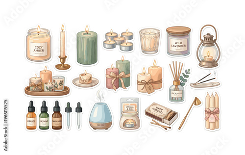 Cozy home aromatherapy and candle collection with essential oils and diffusers