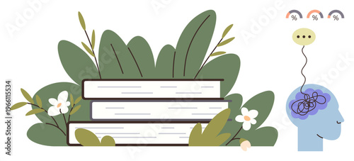 Education, mental health, cognitive development, brain activity, knowledge, relaxation. A stack of books with plants and a human head thought processes. Education and mental health visualization